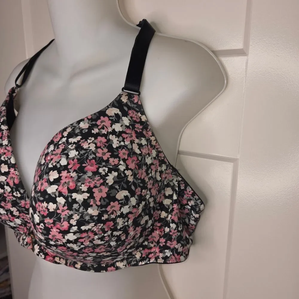 Cacique Boost Plunge Black & Pink Floral Underwire Bra Size 42DD